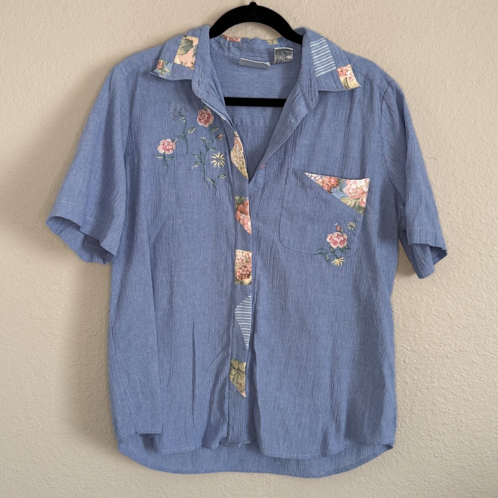 Vintage Womens Large Floral Embroidered Patchwork Top Cottage Dainty Feminine‎